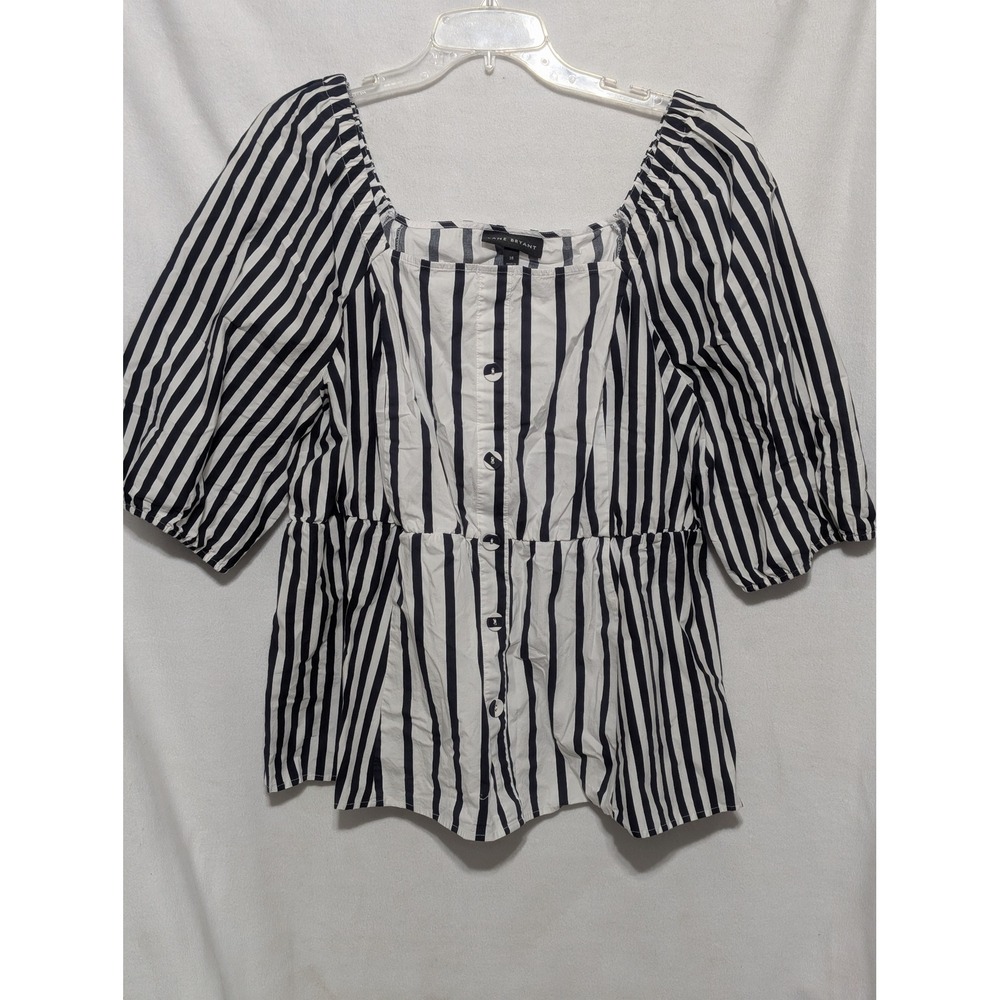 Lane Bryant 18 Striped Peplum Blouse Navy Blue White Square Neck Puff Sleeve